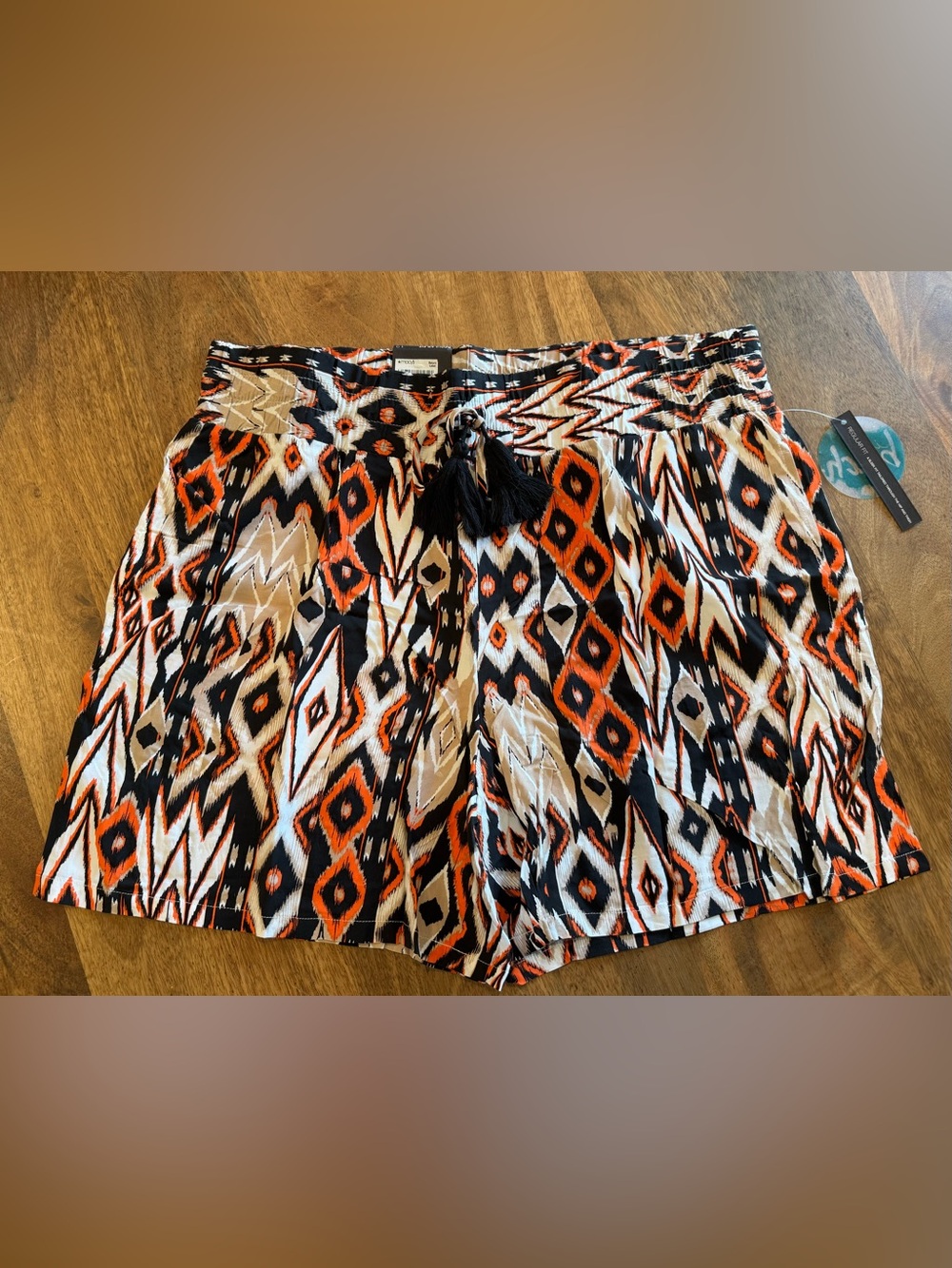 NWT INC Beach Ikat Printed Tassel-Drawstring Women’s Shorts - Orange/Black/Tan